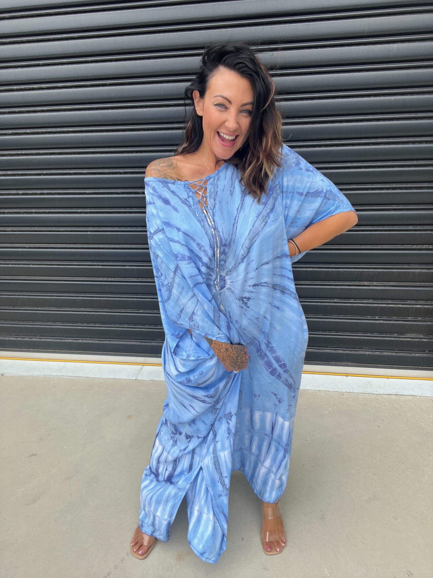 Women's Caftan Dress - Loose Fit - Short Sleeves - Soft and Light - Drawstring Neckline