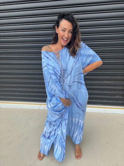 Women's Caftan Dress - Loose Fit - Short Sleeves - Soft and Light - Drawstring Neckline