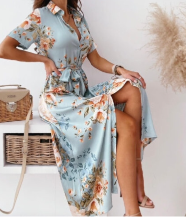 Meredith - Blue Midi Dress with Short Sleeves and V-neck