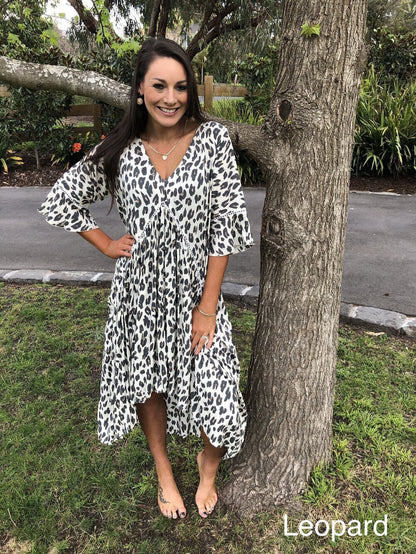 Dress for Women - Loose Fit - V-neck - Elbow-length Sleeves - Asymmetric Hem - Animal Print