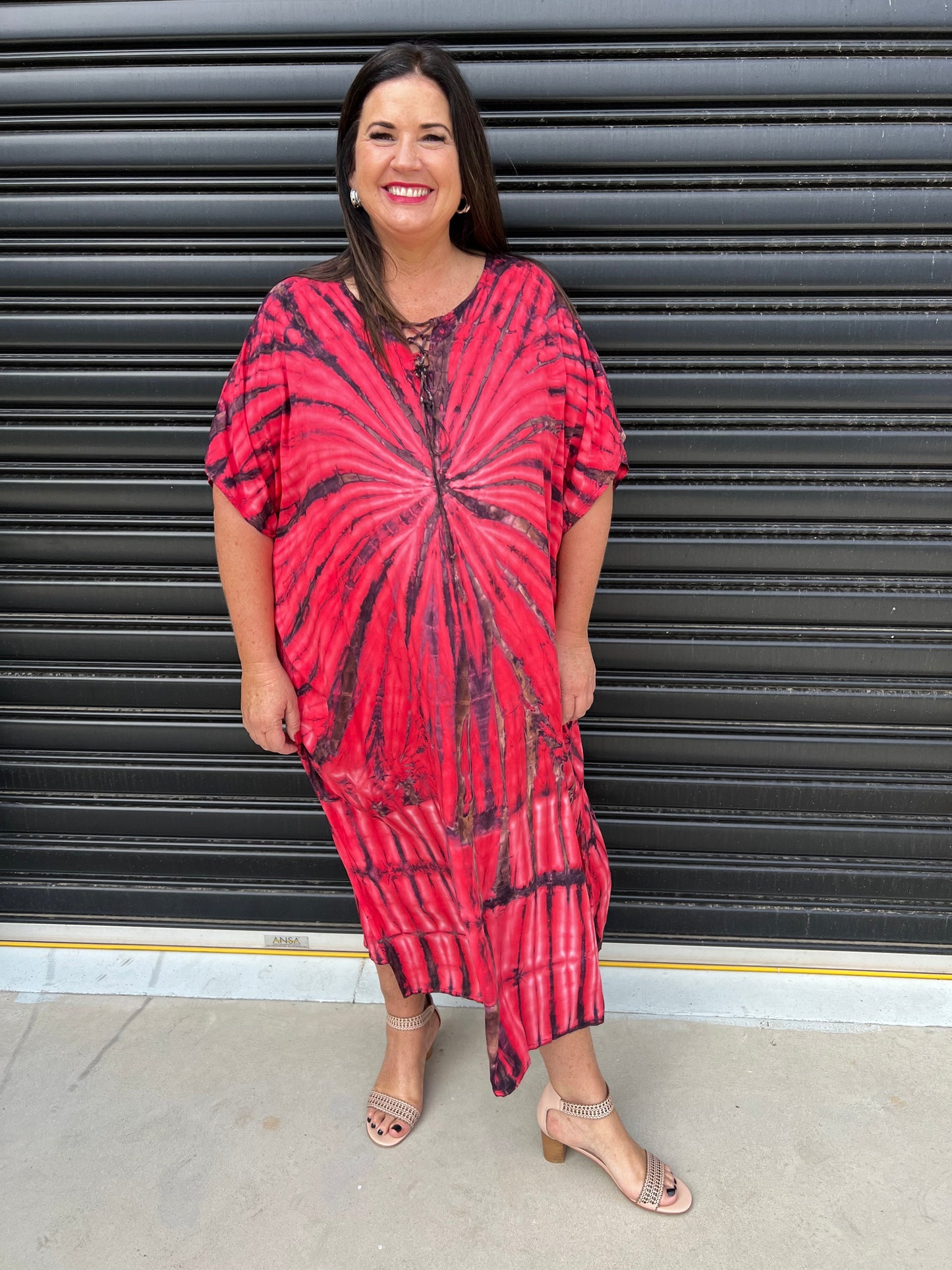 Women's Caftan Dress - Loose Fit - Short Sleeves - Soft and Light - Drawstring Neckline