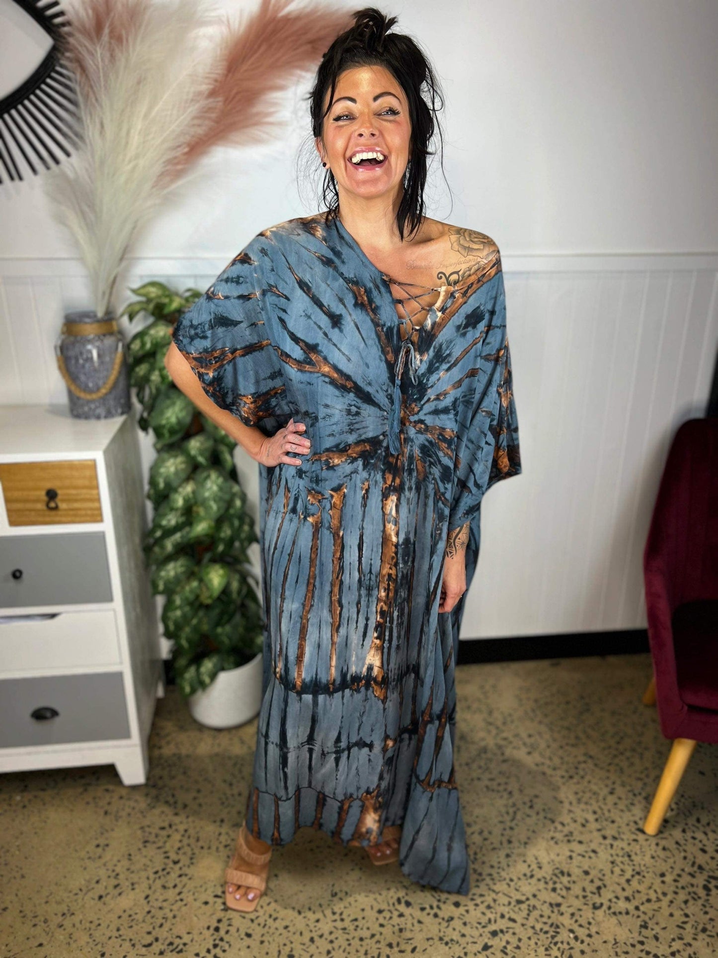 Women's Caftan Dress - Loose Fit - Short Sleeves - Soft and Light - Drawstring Neckline