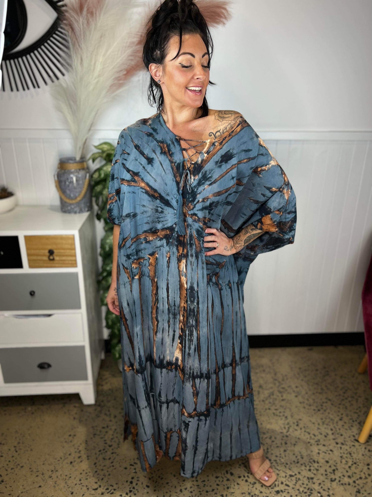 Women's Caftan Dress - Loose Fit - Short Sleeves - Soft and Light - Drawstring Neckline