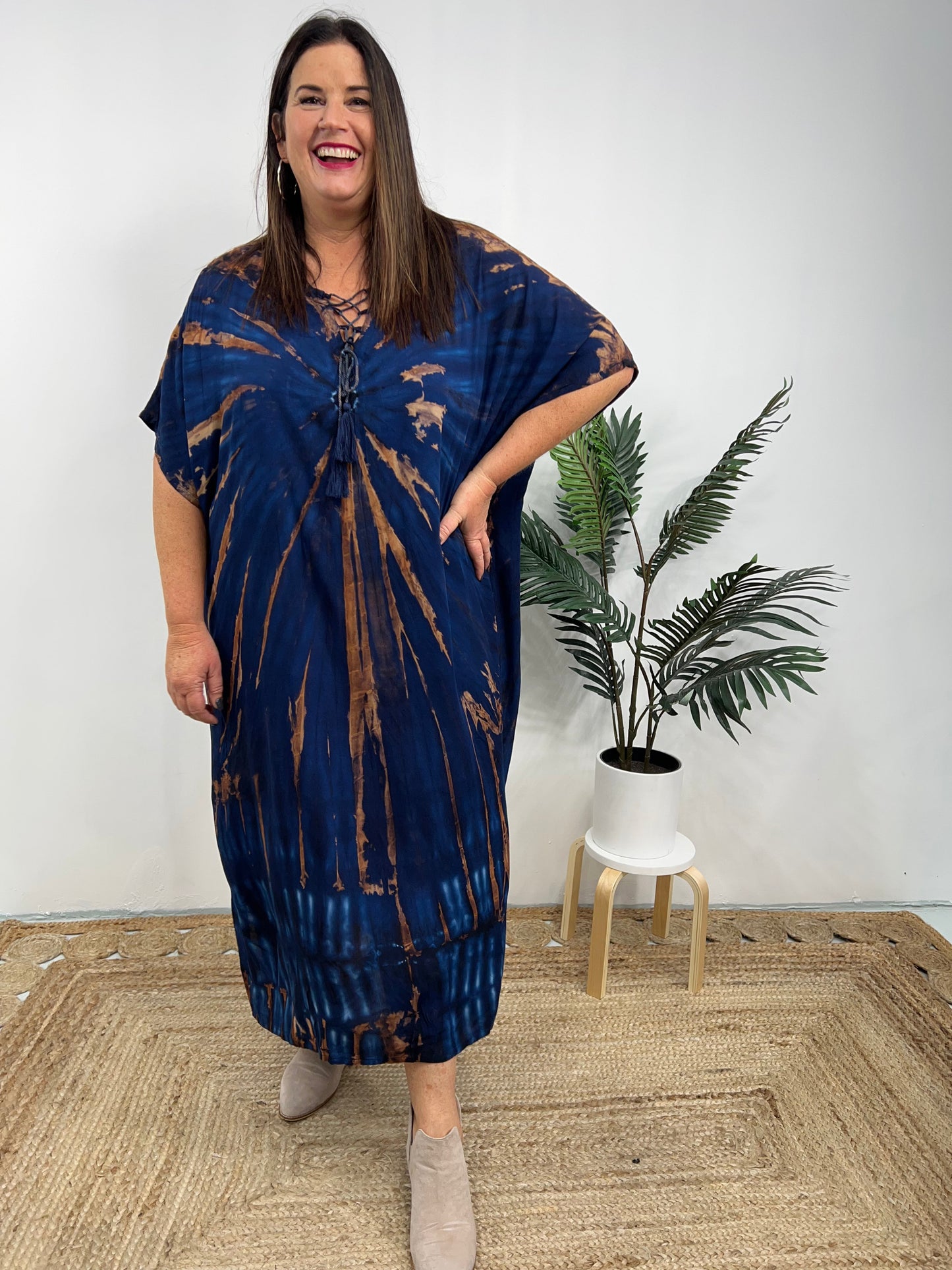 Women's Caftan Dress - Loose Fit - Short Sleeves - Soft and Light - Drawstring Neckline