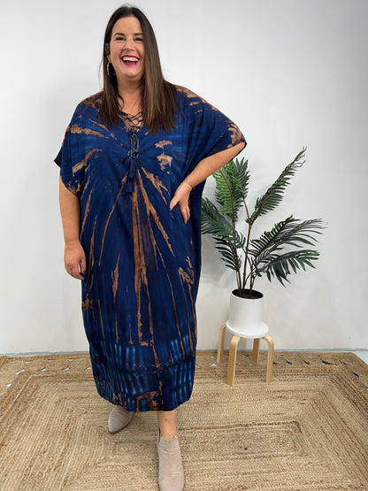 Women's Caftan Dress - Loose Fit - Short Sleeves - Soft and Light - Drawstring Neckline