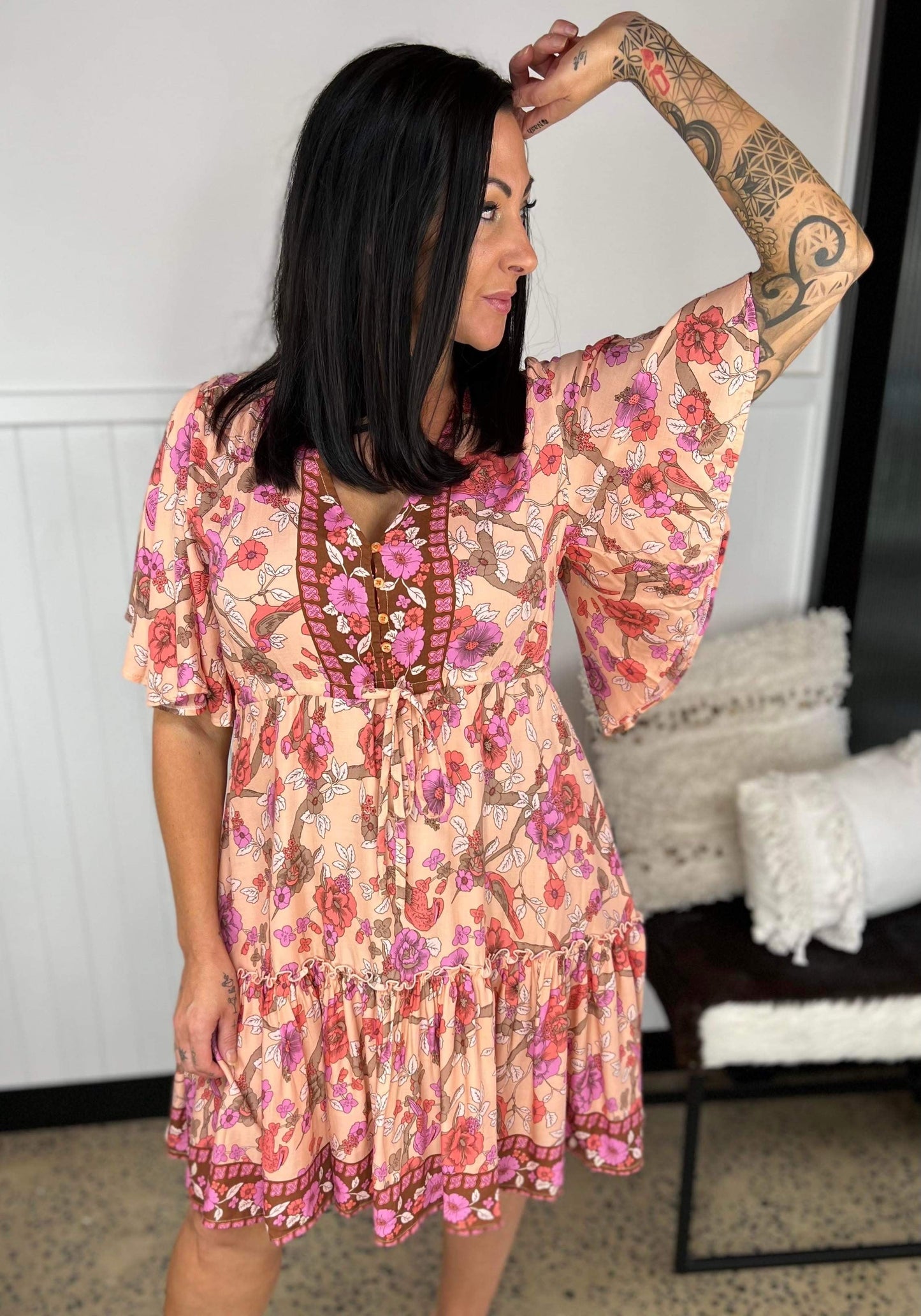 Women's Mini Dress - A-line Fit - V-neck with Decorative Details - Short Ruffle Sleeves