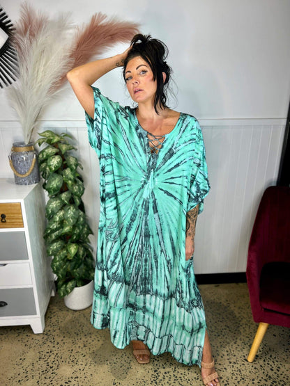 Women's Caftan Dress - Loose Fit - Short Sleeves - Soft and Light - Drawstring Neckline