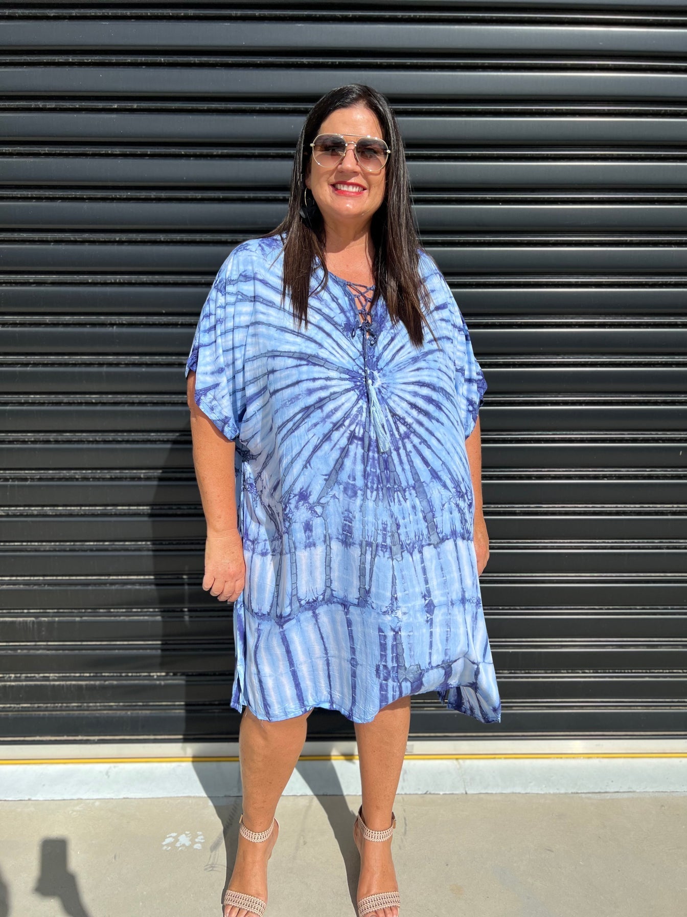 Women's Caftan Dress - Loose Fit - Short Sleeves - Soft and Light - Drawstring Neckline