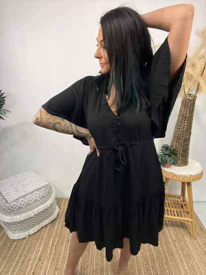 Women's Mini Dress - A-line Fit - V-neck with Decorative Details - Short Ruffle Sleeves