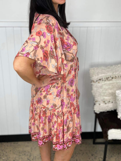 Women's Mini Dress - A-line Fit - V-neck with Decorative Details - Short Ruffle Sleeves