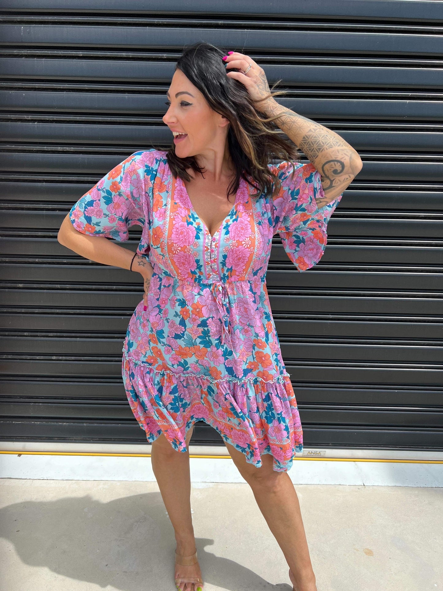 Women's Mini Dress - A-line Fit - V-neck with Decorative Details - Short Ruffle Sleeves