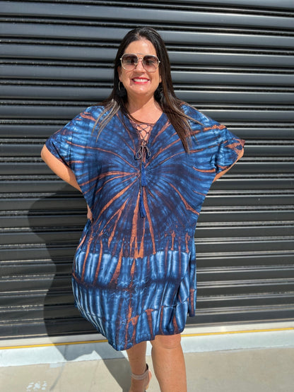 Women's Caftan Dress - Loose Fit - Short Sleeves - Soft and Light - Drawstring Neckline