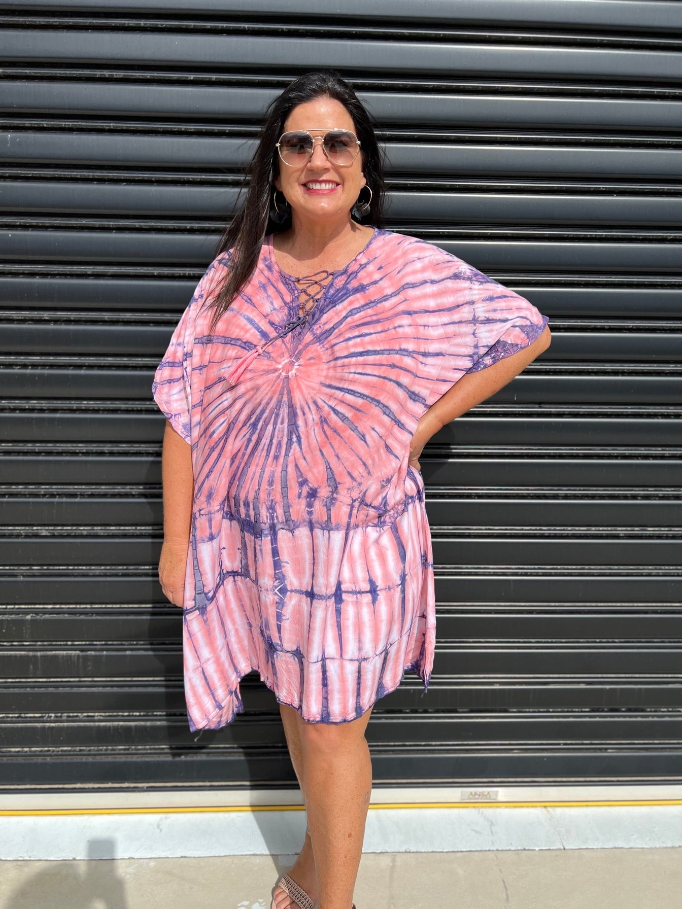 Women's Caftan Dress - Loose Fit - Short Sleeves - Soft and Light - Drawstring Neckline