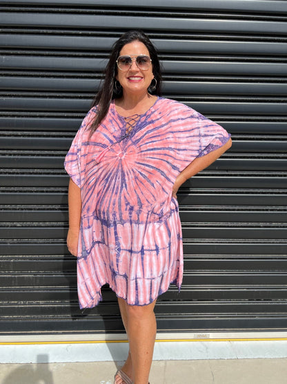 Women's Caftan Dress - Loose Fit - Short Sleeves - Soft and Light - Drawstring Neckline