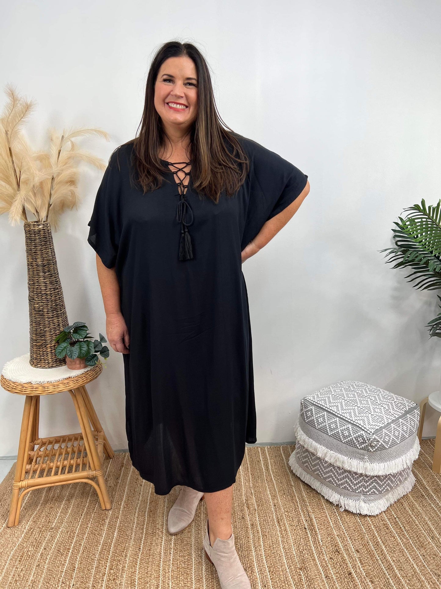 Women's Caftan Dress - Loose Fit - Short Sleeves - Soft and Light - Drawstring Neckline