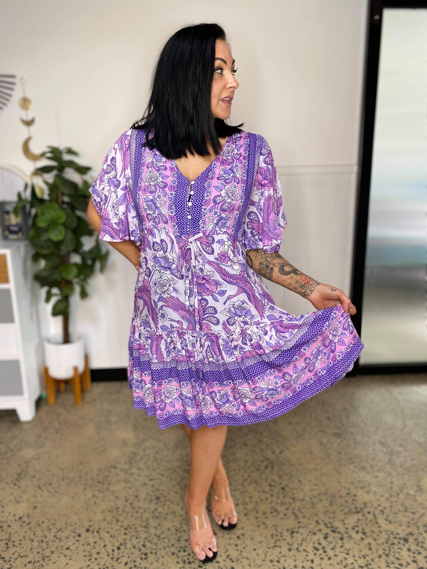 Women's Mini Dress - A-line Fit - V-neck with Decorative Details - Short Ruffle Sleeves