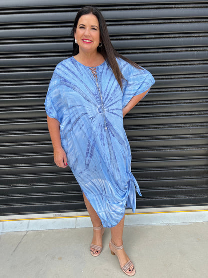 Women's Caftan Dress - Loose Fit - Short Sleeves - Soft and Light - Drawstring Neckline