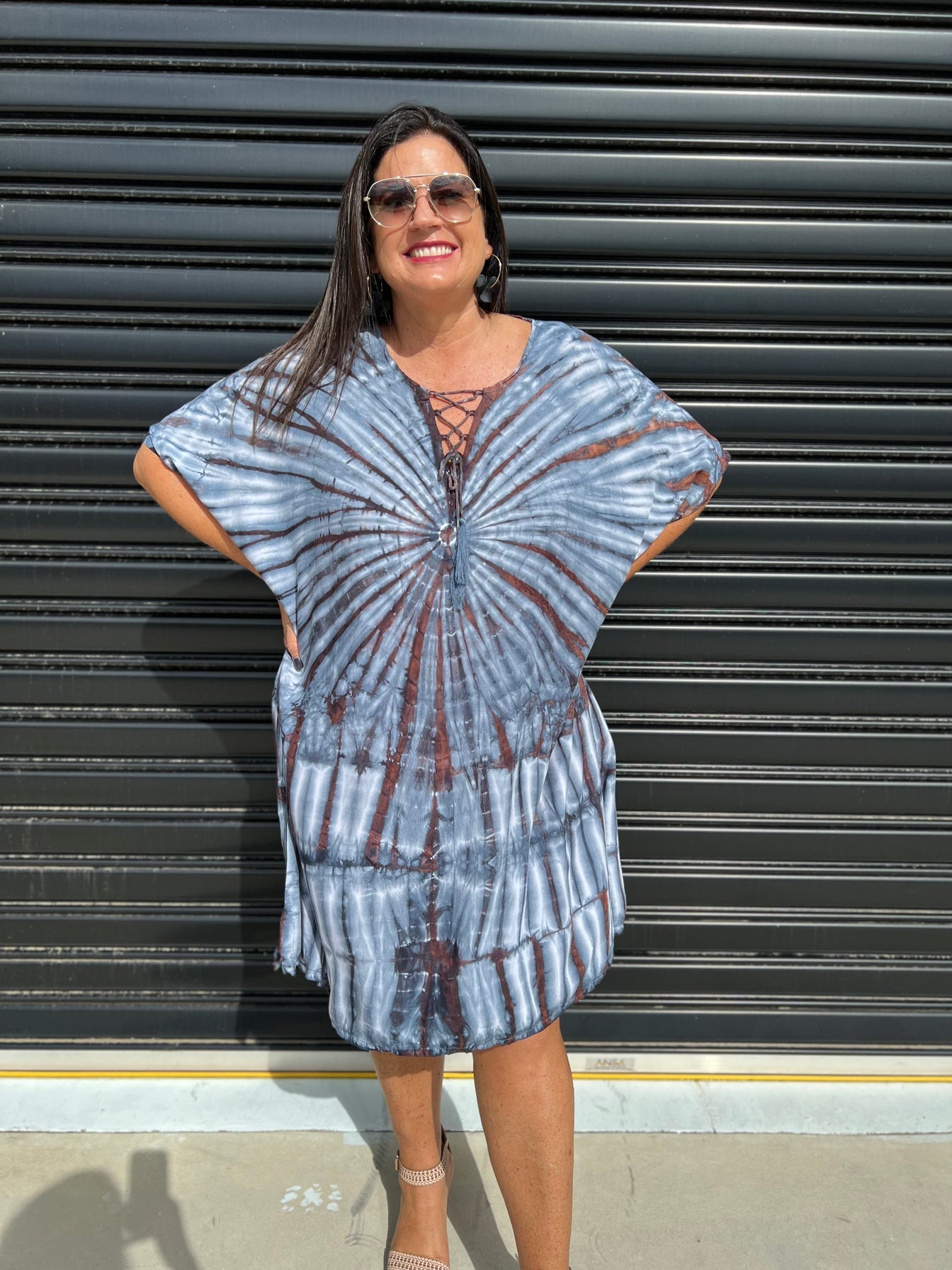 Women's Caftan Dress - Loose Fit - Short Sleeves - Soft and Light - Drawstring Neckline