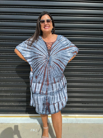 Women's Caftan Dress - Loose Fit - Short Sleeves - Soft and Light - Drawstring Neckline