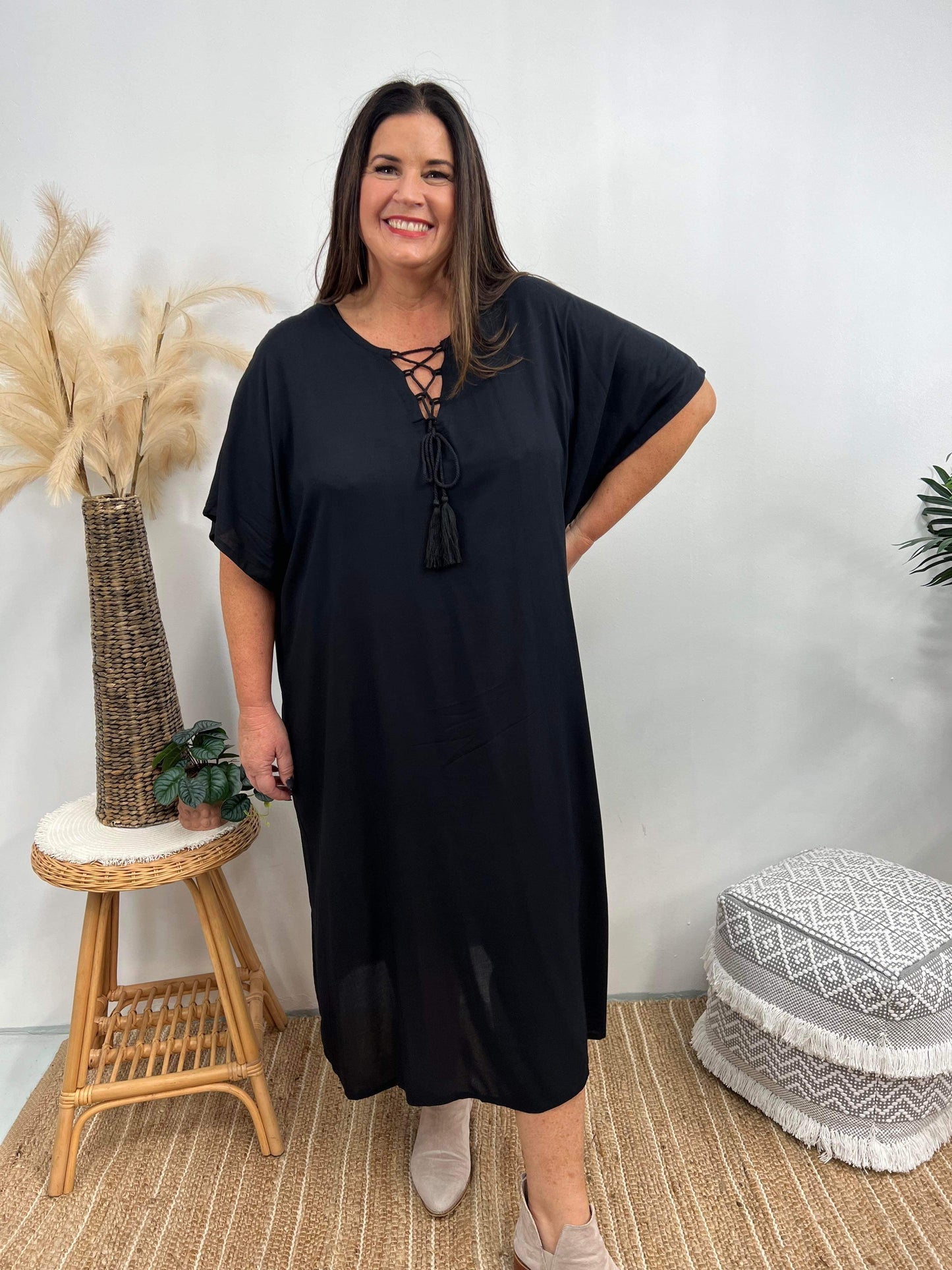 Women's Caftan Dress - Loose Fit - Short Sleeves - Soft and Light - Drawstring Neckline