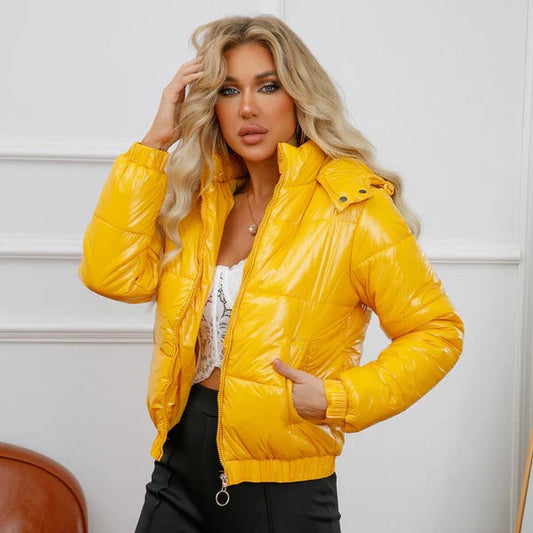Women’s Puffer Jacket - Woven - Cropped Length - Detachable Hood - Stand-Up Collar