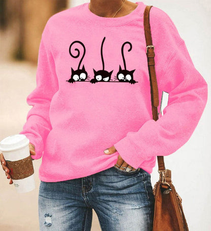 Women's Sweatshirt – Relaxed Oversized Fit – Soft Cotton Blend – Cat Print