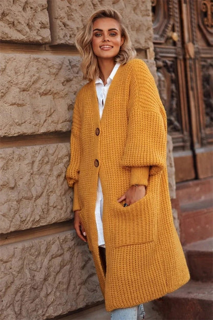 Women's Knit Coat – Oversized Fit – Long Length – Button Closure – Large Pockets