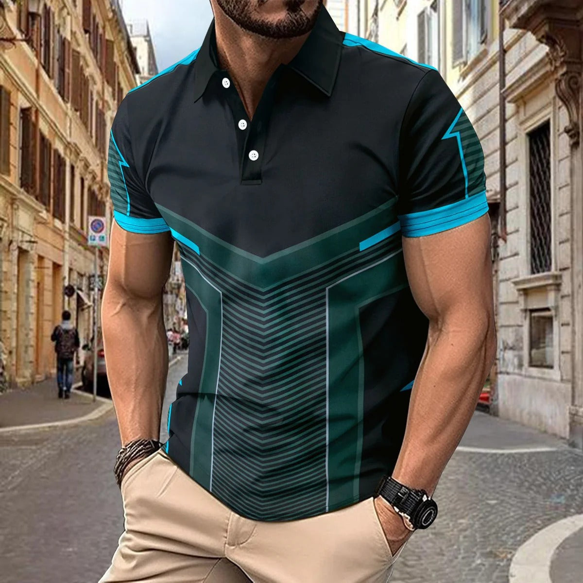 Men's Polo Shirt – Slim Fit – Breathable Knit – Geometric Print – Short Sleeve
