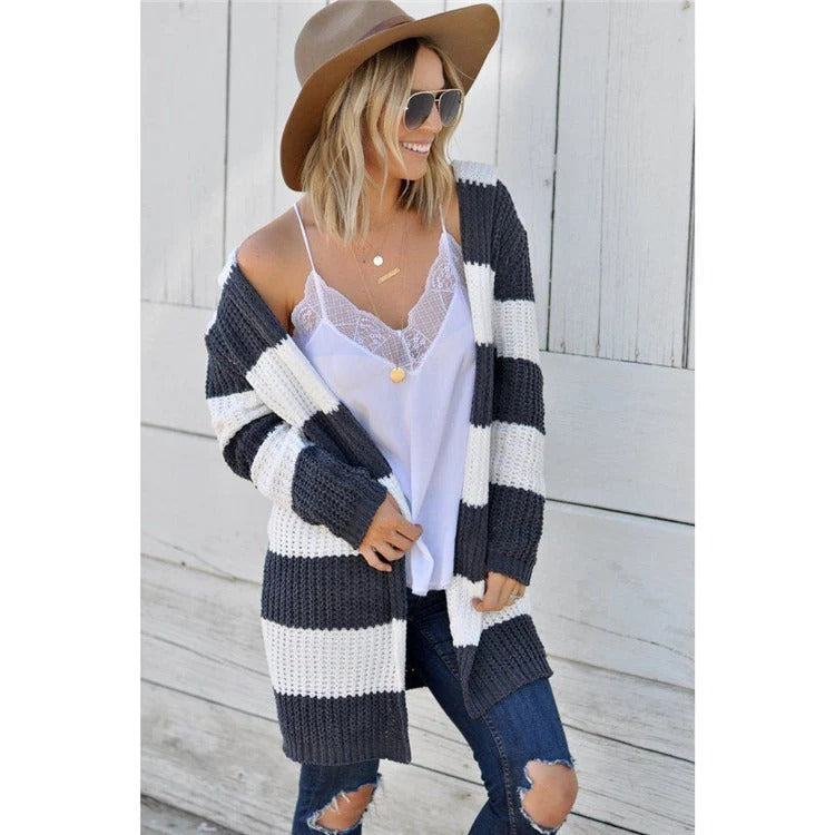 Women's Cardigan – Relaxed Fit – Knit – Open Front – Long Sleeves – Striped Design