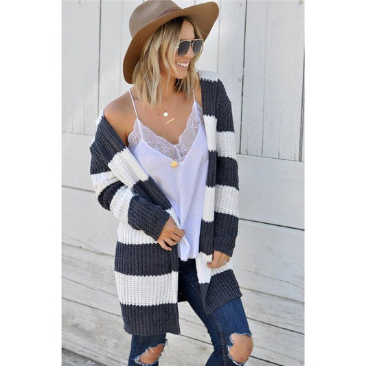 Women's Cardigan – Relaxed Fit – Knit – Open Front – Long Sleeves – Striped Design