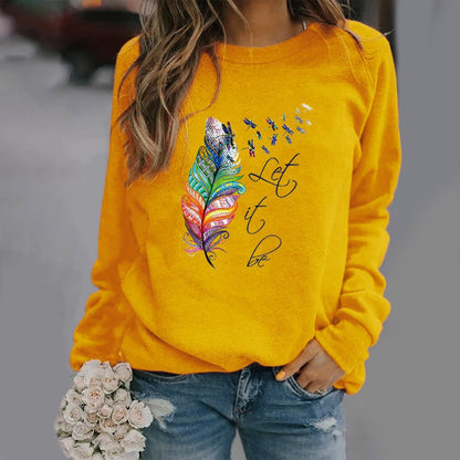 Women's Sweatshirt – Relaxed Fit – Feather Print and Text – Crew Neck – Long Sleeves