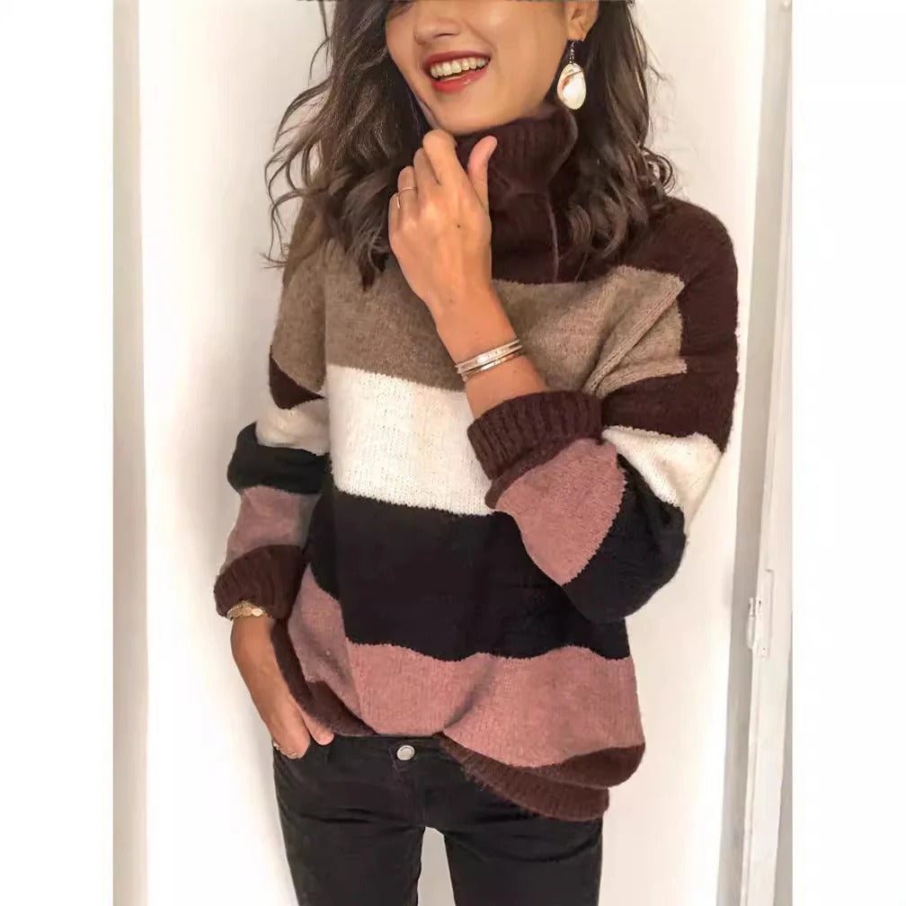 Women's Turtleneck Sweater – Wool Knit – Relaxed Fit – Striped – Hip Length