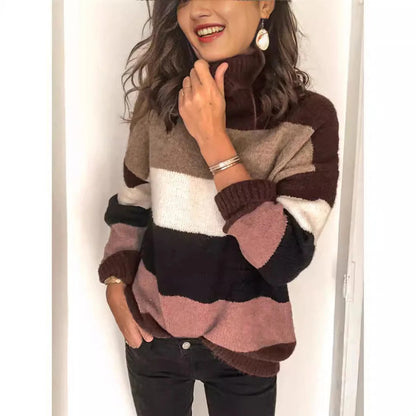 Women's Turtleneck Sweater – Wool Knit – Relaxed Fit – Striped – Hip Length