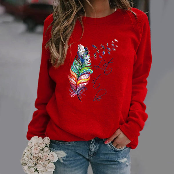 Women's Sweatshirt – Relaxed Fit – Feather Print and Text – Crew Neck – Long Sleeves