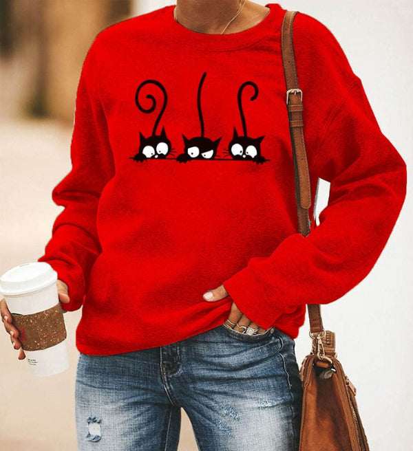 Women's Sweatshirt – Relaxed Oversized Fit – Soft Cotton Blend – Cat Print