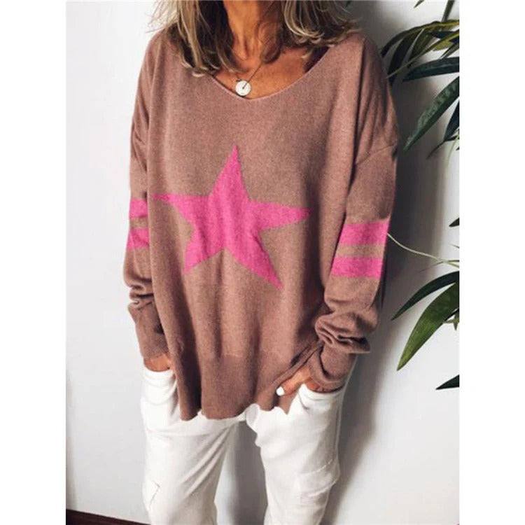 Women's Sweater – Relaxed Fit – Soft Knit – Crew Neck – Star Pattern – Long Sleeves