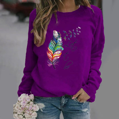 Women's Sweatshirt – Relaxed Fit – Feather Print and Text – Crew Neck – Long Sleeves