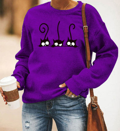 Women's Sweatshirt – Relaxed Oversized Fit – Soft Cotton Blend – Cat Print