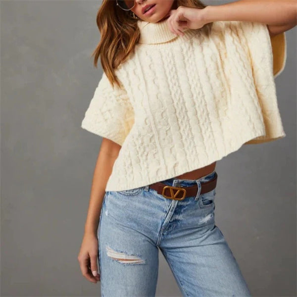 Women's Pullover – Oversize Fit – Wool Knit – Turtleneck – Short Sleeve – Cable Knit