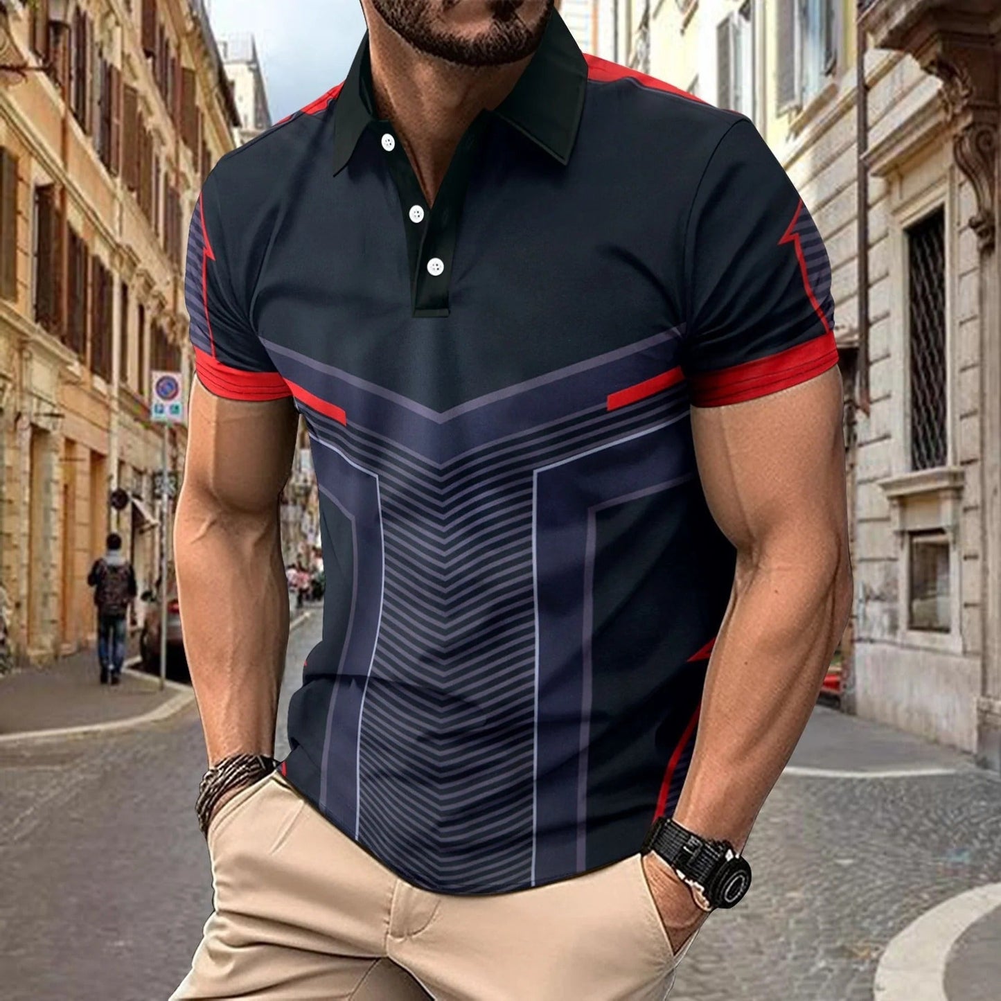 Men's Polo Shirt – Slim Fit – Breathable Knit – Geometric Print – Short Sleeve