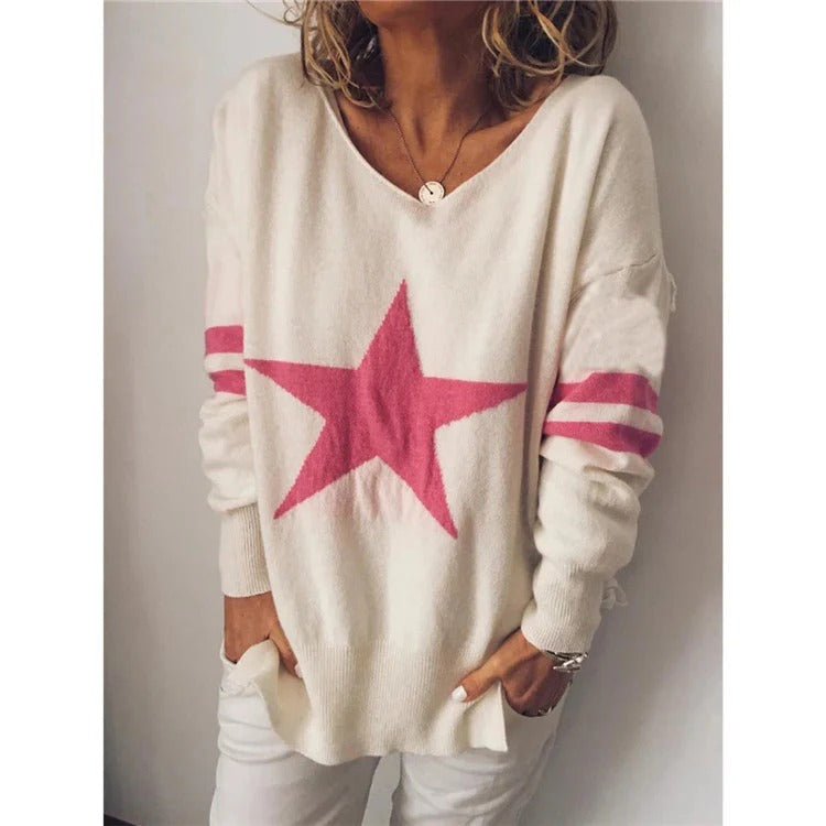 Women's Sweater – Relaxed Fit – Soft Knit – Crew Neck – Star Pattern – Long Sleeves