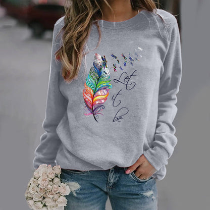 Women's Sweatshirt – Relaxed Fit – Feather Print and Text – Crew Neck – Long Sleeves