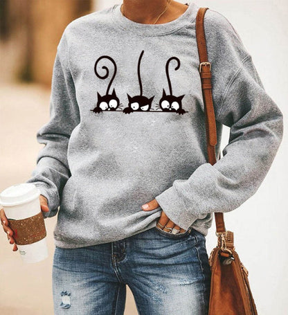Women's Sweatshirt – Relaxed Oversized Fit – Soft Cotton Blend – Cat Print