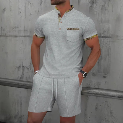 Men's Set – Slim Fit – Short-Sleeved Shirt with Mandarin Collar – Soft and Breathable – Matching Drawstring Shorts