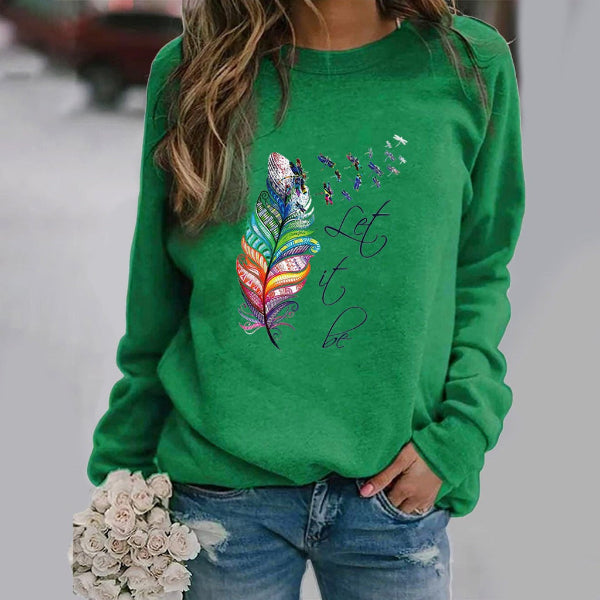 Women's Sweatshirt – Relaxed Fit – Feather Print and Text – Crew Neck – Long Sleeves