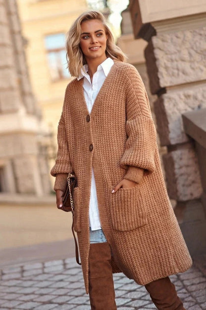 Women's Knit Coat – Oversized Fit – Long Length – Button Closure – Large Pockets