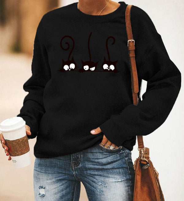 Women's Sweatshirt – Relaxed Oversized Fit – Soft Cotton Blend – Cat Print