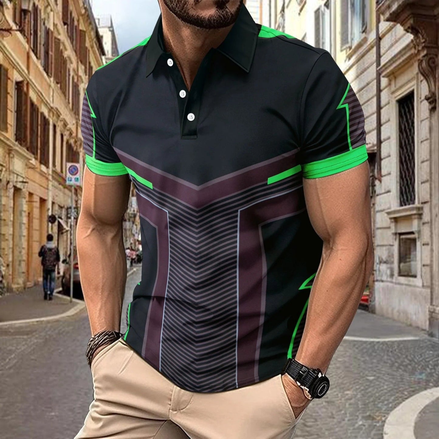 Men's Polo Shirt – Slim Fit – Breathable Knit – Geometric Print – Short Sleeve