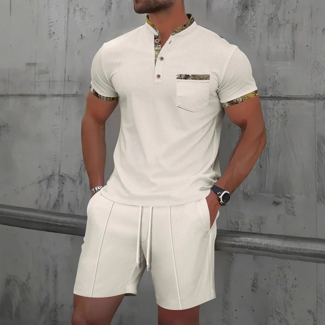 Men's Set – Slim Fit – Short-Sleeved Shirt with Mandarin Collar – Soft and Breathable – Matching Drawstring Shorts