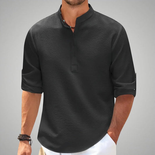 Men's Blouse – Relaxed Fit – Breathable Fabric – Mandarin Collar – 3/4 Sleeves with Turn-Up